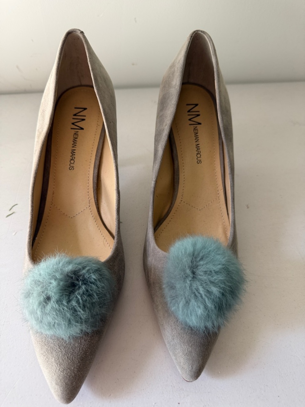 Neiman Marcus Women's Taupe Pointed-Toe Pumps with Teal Pom Pom